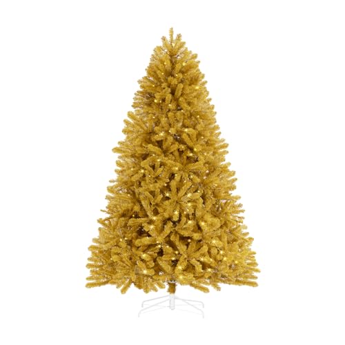 Naomi Home Maria 7.5ft Gold Christmas Tree Prelit with 1412 Branch Tips, 600 Warm Lights and Metal Stand, 53' Wide Realistic Artificial Christmas Tree with Lights