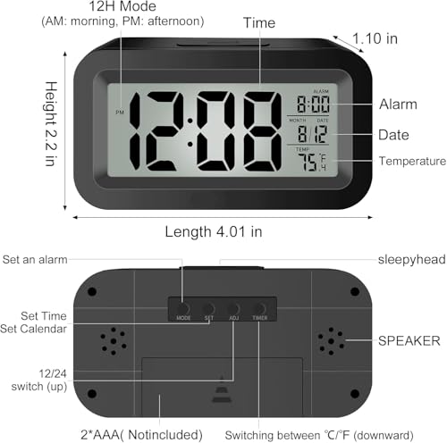 Image of Jamboree!!! Digital Black Clock Large Display with Calendar for Home Office Travel Table Snooze Electronic LED Desktop Clock with Temperature