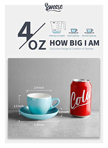 Sweese 402.003 Espresso Cups with Saucers, 4 Ounce Demitasse Cups, Perfect for Single or Double Espresso, Cappuccino, Latte and Tea - Set of 6, Cool Assorted Colors