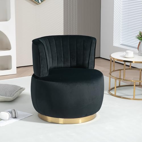 Klwenas Maec 360° Swivel Barrel Accent Chair, Black Round Club Arm Chair with Metal Base, Modern Single Sofa Seating, Velvet Reading Seat in for Living Room, Bedroom, Office (Black)