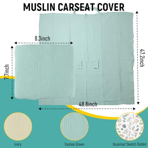 Image of 3 Pcs Car Seat Cover Baby Boy Girl Set, Adjustable Double Buckle Carseat Canopy, Plus Size Designed Muslin Carseat Cover, Versatile Full Coverage Nursing Canopy Includes 3 Colors