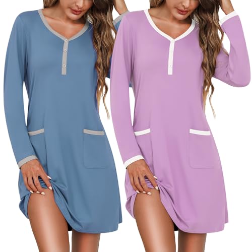 Marvmys Women's 2 Pack Nightgown Long Sleeve Henley Sleepshirt Soft Short Pajama Dress with Pockets Blue& Light Purple 3X-Large