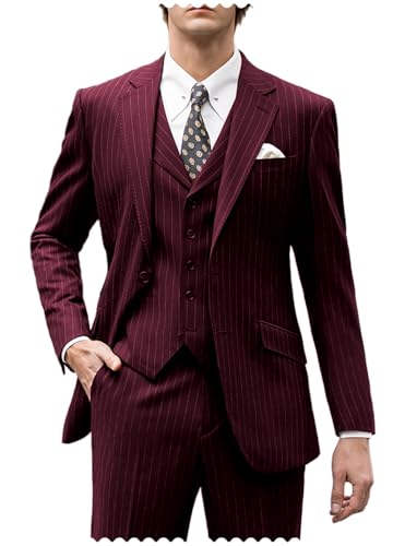 Men's 3 Piece Suit Pinstripe Slim Fit Wedding Suit Business Blazer Vest & Pants Formal Party