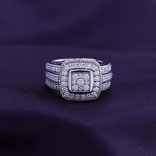 SAVEARTH DIAMONDS 1 Carat (ctw) Lab Created Moissanite & Lab Grown Diamond Square Cluster Engagement Trio Ring 14K Gold Over Sterling Silver Wedding Ring Band Set (1 Cttw), Gift For Her3