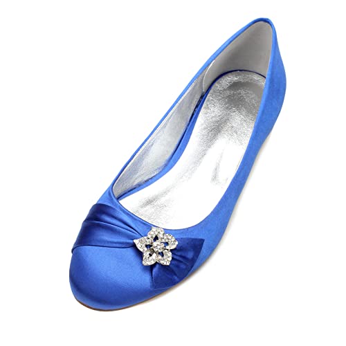 TVACHI Mujeres Plisadas satén con Pisos de Boda de Hebilla de Cristal para la Novia Slip On Fiest Dress Zapatos de Novia Ballet Flats,Azul,38 EU