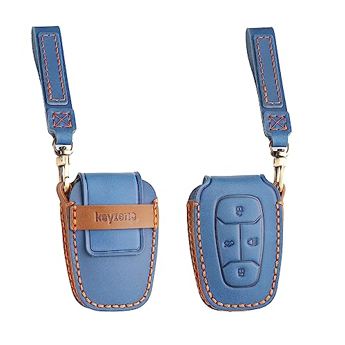 Image of Keyzone Leather Key Cover and Keychain Compatible for Tata Nexon | Harrier | Safari | Punch | Altroz | Tigor 4 Button Smart Key (Blue)