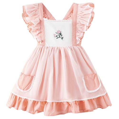 Image of Irwsewiee Girl Dress, Rose Embroidered Smocked Dress, Ruffle Sleeve Girl Frocks, Chiffon Kids Boutique Clothing