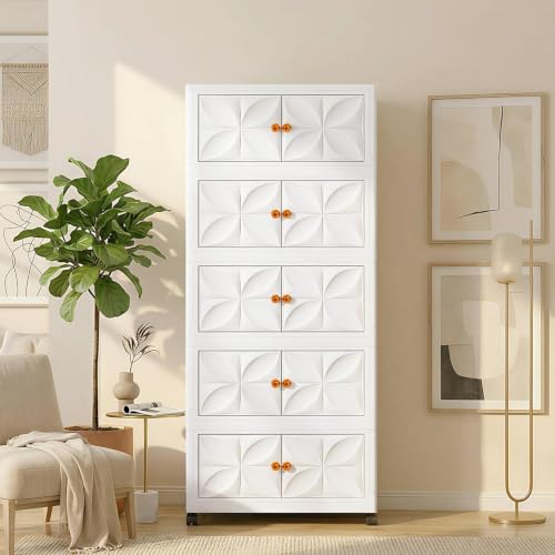Image of 5 Tier Foldable Plastic Wardrobe Almirah for Storage, Plastic Storage Cabinet with Wheels & Doors, Large Capacity Rack for Kitchen, Bedroom Organizer for Clothes, Home Furniture for Living Room