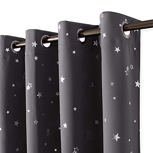 PONY DANCE Star Blackout Curtains with Eyelets - Grey Curtains for Boys Foil Printed Pattern Kids Thermal Insulated Curtains for Kids Children Bedroom/Bay Window, 52 x 63 inch, 2 Panels