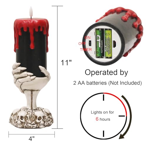 Lasumora Halloween Decorations Black Flameless Candles with 6H Timer, Battery Operated Candles with Skull Hand Candle Holder, Real Wax Dripping Halloween Candle Spooky Halloween Decor Indoor