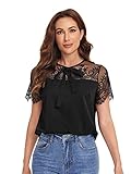 DIDK Damen Spitzen Bluse Dirndlbluse Oberteil Elegant Sommer Tunika Kurzarm Spitzentops Trachtenbluse für Oktoberfest Lace Schwarz L
