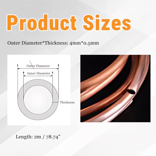 Uadme Kupferrohr OD 4mm x ID 3mm, 2M Kupferspirale, Kupferrohr Weich für Klimaanlage, Generatoren, Sammelschienen, Kabel, Schaltanlagen, Kühlschränke