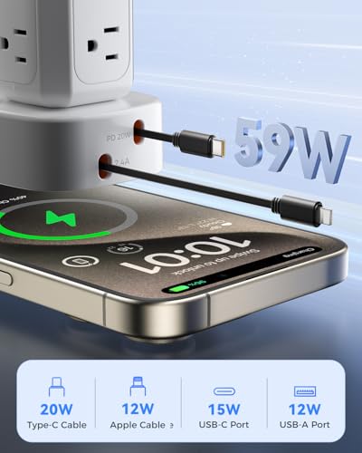 [2024 Newest] Power Strip Tower with Retractable Charging Cables, SUPERONE Surge Protector Tower with PD20W USB C and 12 AC Outlets, Flat Plug 6 FT Small Fast Charging Station for Home Office - White - Thumbnail 4