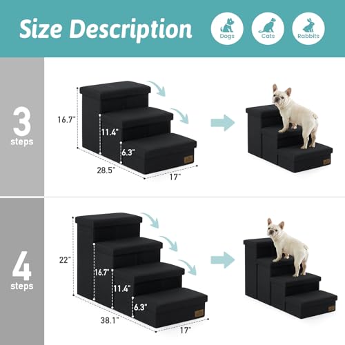 Image of Dog Stairs with Storage, 3-Step Wider Sturdy Dog Steps for Small /Medium /Large Dogs and Older Cats, Folding Doggie Ramp for Bed /Couch /Car Hold Up to 180 lbs (16.7 inch H, Black)