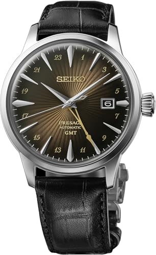Image of Seiko SSK039 Men's Presage Rusty Nail Cocktail GMT Brown Dial Leather Band Watch