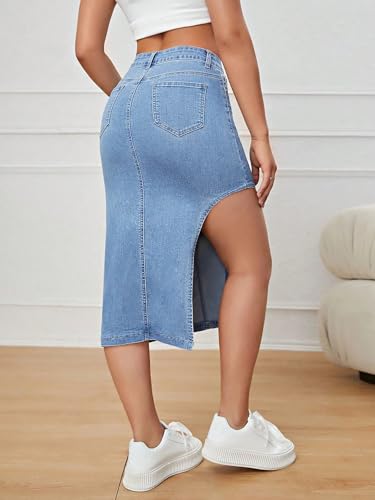 Image of GRECIILOOKS Women's High Waist Denim Skirt with Front Slit - Long Maxi Jean Skirt Casual Fashion - Stylish Denim Skirts for Women