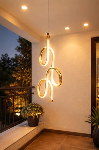 Image of Modern Curved Shape Gold Finish Energy Saving Led Pendant Hanging with 3 Different Color Mode (Warm White, Cool White, Neutral White) for Bedroom, Living Room, Restaurants, Dining, Home