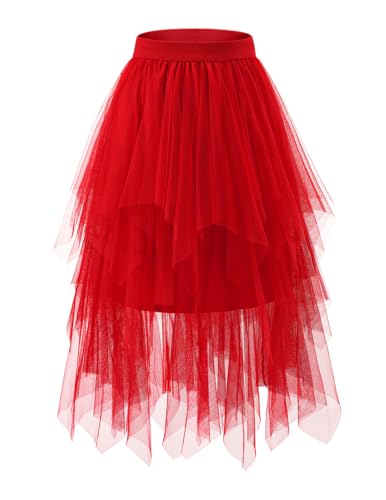 Bridesmay Red Tulle Skirts for Women Fairy A-Line Fluffy Mesh Layered Midi Long Tutu Skirt Halloween Tea Party Tutus Red L