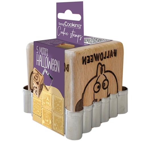 ScrapCooking - Tampon Pâtisserie en Bois à Motifs Halloween - Avec 1 Découpoir Emporte-Pièce Biscuit & Cube avec 5 Faces Gravées en Relief - Moule Décoration Magie, Anniversaire - 5298