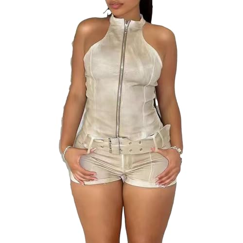 Molilove Women's Vintage Denim Two Piece Set Sleeveless Zip Up