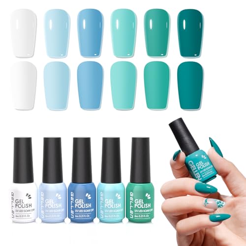 GELLEN Teal Green Blue Gel Nail Polish 6-color Turquoise Green Blue Semi-Permanent Gel Polish for Home Salon Finger Toe Nails No Wipe Glossy Full Coverage Self-leveling HEMA & TPO Free Non-toxic