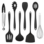 Homikit Utensili Cucina, 8 Pezzi Utensili da Cucina Silicone, Set di Utensili da Cucina Antiaderenti con Spatola/Cucchiaio/Frusta per Cucinare,Cuocereal Forno, Lavabile in Lavastoviglie, Nero