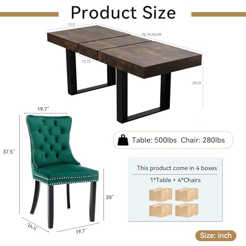 Image of Rustic Brown Dining Room Table Set for 4, 5-Piece 63 inch-78.74 inch Extendable Dining Table Set with 4 Upholstered Chairs, Rectangle Wooden Expanding Kitchen Table and Green Chairs Set