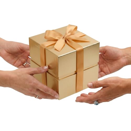 Image of LIFELUM Gold Gift Box 7 x 7 x 7 inch, 1 Pack Luxury Magnetic Closure Gift Box with Ribbon, Card, Shredded Paper Filler for Wedding, Business, Graduation, Bridal Gifts