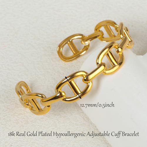 Adjustable Cuff Bracelet for Women 18K Real Gold Plated Wide Chunky Bracelet Wrist Buckle Bracelet Non Tarnish Ladies Open Cuff Bangle Jewelry Gift4
