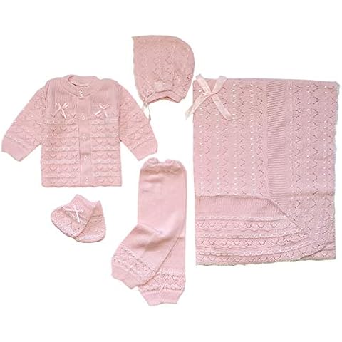 Abelito Baby Girls' Boys' Crystal Crochet 5 Piece Outfit Set with Blanket (0-6 Months, Pink) Cover