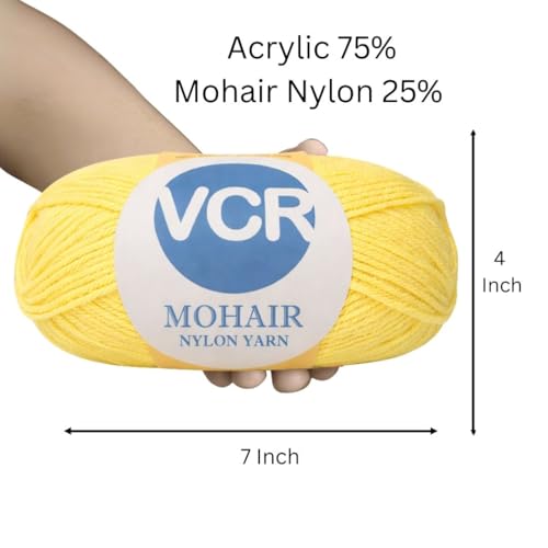 Image of VCR Mohair Nylon Lemon Yellow Yarn, 100 Grams Hank, 196 Meters Length, Acrylic 75%, Mohair Nylon 25%, Pack of 1 Yarn, Soft Crosia Threads, Suitable for Winter Garments.