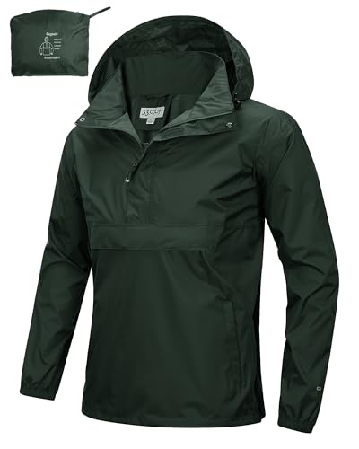 33,000ft Herren Regenjacke Leichter Wasserdichter Packbarer Pullover mit Kapuze und Reflektor für Fahrrad Wandern Outdoor, Armeegrün L