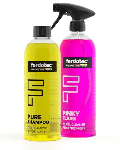 FERDOTEC Set di pulizia per auto, shampoo e detergente per cerchioni (2 x 750 ml) – Shampoo per auto altamente concentrato, ricco di schiuma, delicato su vernici e sigillanti, detergente per cerchioni