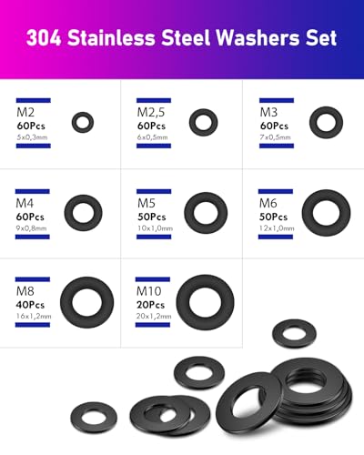 400 Stück Unterlegscheiben Schwarz, ANVINKU Edelstahl Beilagscheiben Sortiment, 8 Größen Unterlegscheiben Set M2 M2.5 M3 M4 M5 M6 M8 M10, Unterlegscheibe Sortiment für Schrauben