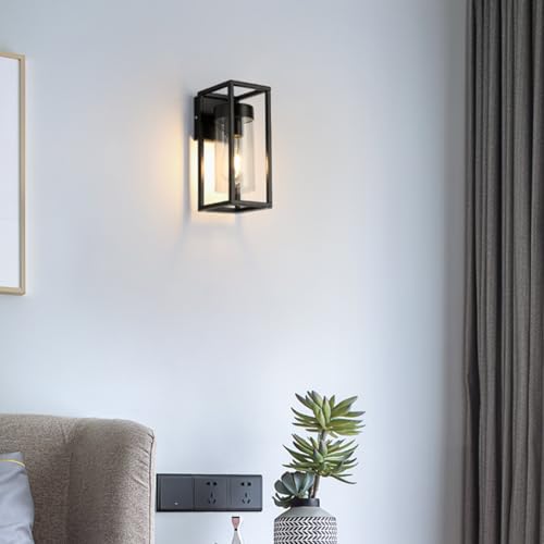 Luz de pared interior vintage rectangular con aplique de hierro y vidrio negro 7