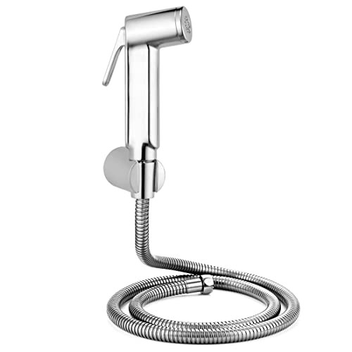 Health Faucet with SS-304 1 Meter Flexible Hose Pipe and Wall Hook, White (Jet Spray for Toilet), Chrome