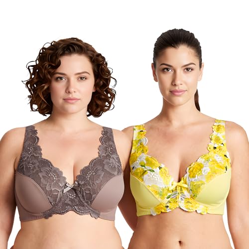 Image of Curve Muse Women's Minimizer Unlined Underwire Bra with Lace Embroidery-2 Pack