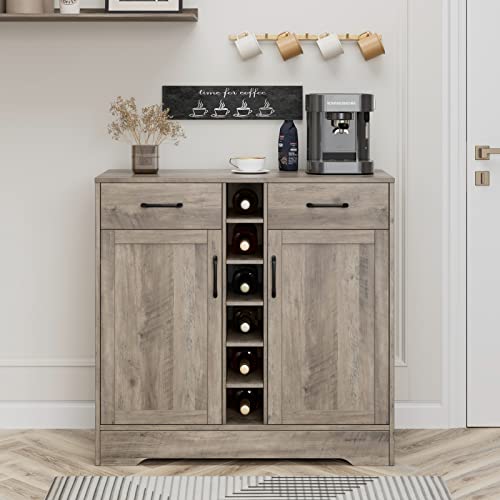 Hostack Wine Bar Cabinet For Liquor And Glasses, Coffee Bar Cabinet With Drawers And 6-Bottle Wine Rack, Buffet Sideboard Cupboard For Dining Room, Living Room, Grey #TOP1