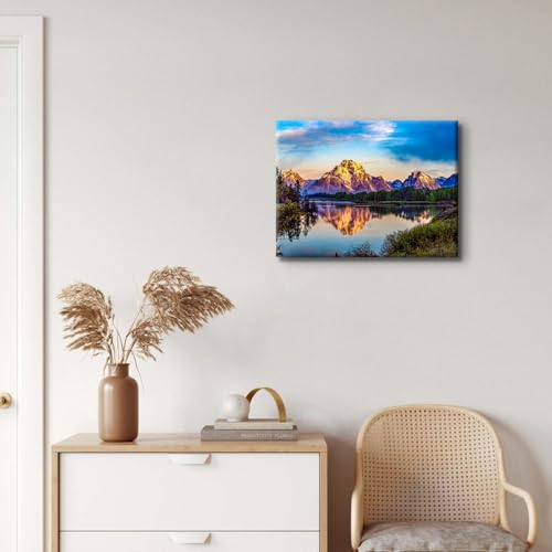 Image of Grand Teton Mountain Wall Art Nature Scenery Picture Wall Decor National Park Poster Sunset Forest Lake Paintings Canvas Prints Oxbow Bend Snake River Poster Artwork Bedroom Home Decorations 12x16 inch