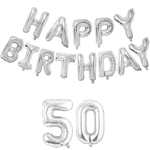 Image of Flyloons 50th Silver Colour Happy Birthday Foil Balloon Set For 50 Year Old Boys Girls Men Women | With Number Fifty | 13 Letters Reusable Happy Birthday Metallic Foil Balloons Decoration Kit, 15 Pcs