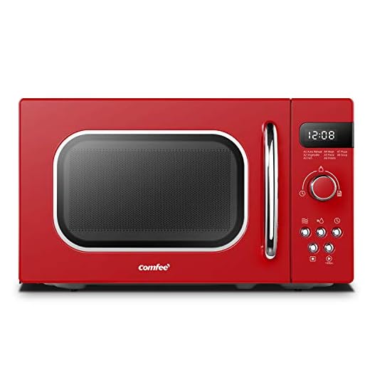 Comfee CMSRO 20 di rd Micro-ondes rétro avec 8 menus automatiques, 5 niveaux de puissance de cuisson, bouton de cuisson express, 20 L, 800 W, rouge passionné