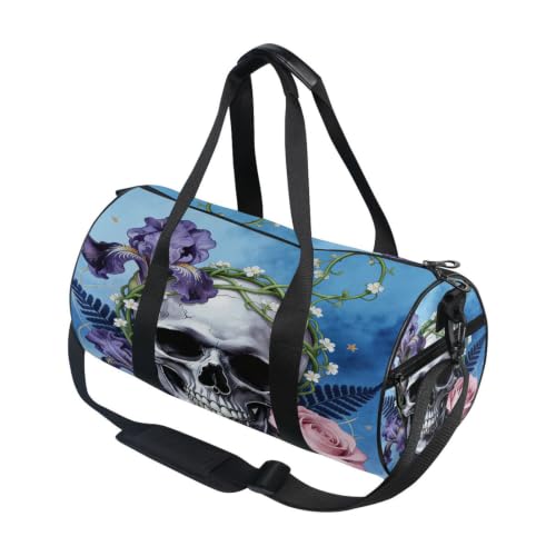 Bolsa de deporte redonda ligera con estampado gótico de flores y calaveras