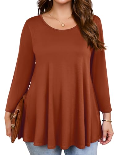 JollieLovin Womens 3/4 Sleeve Loose Fit Swing Tunic Tops Basic T Shirt(3X,Dark Orange)