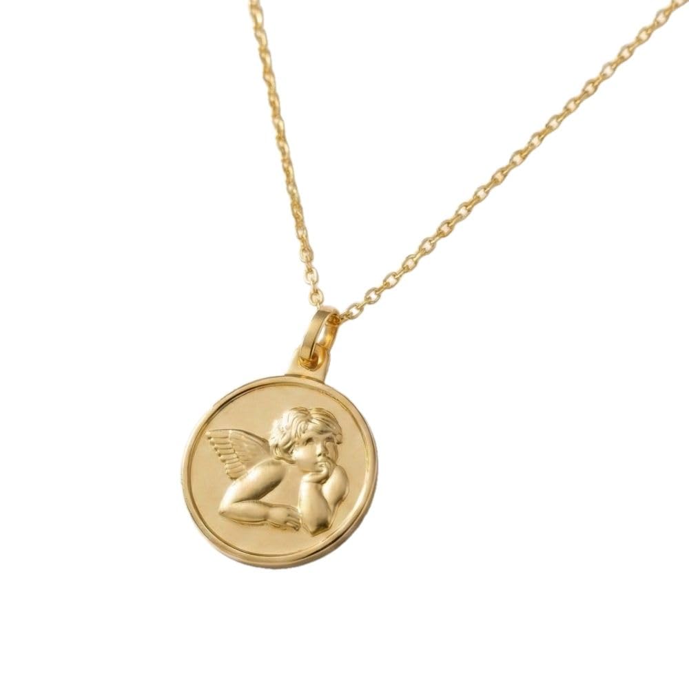 Collier - Enfant - Médaille - Ange - Baptême - 16 mm - Plaqué Or Jaune 750 - Fabriqué en France - Forçat 45 cm