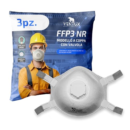 VENTUX SAFETY EQUIPMENT FFP3 NR Mascherina a Coppa con Valvola 3pz | Alta Protezione | EN149:2001+A1:2009 | DPI CE 425/2016 | Con Lacci Nucali