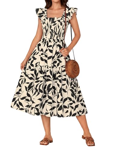 Image of Rooscier Women's A Line Smocked Midi Dress | Summer Sleeveless Square Neck Casual Sundress