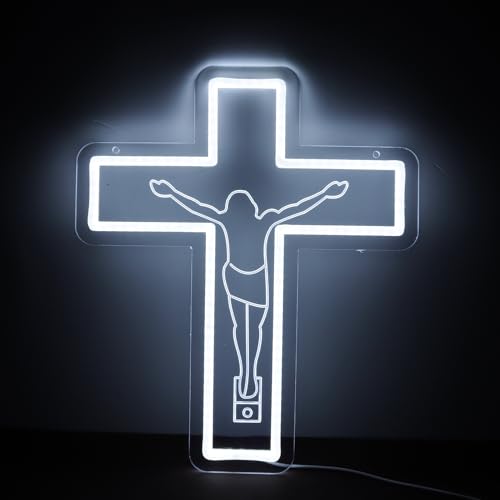Image of Jesus Saves Crucifix Neon Signs Dimmable Cross Neon Llight Christian Easter wall decor for Home, Sacred Spaces, Prayer Rooms Gift Art-14.5 x 12.2IN-USB Powered-Acrylic