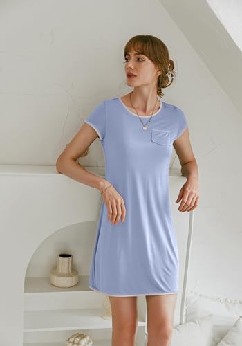 Image of Ekouaer Womens Nightgown Sleep Shirt Dress Satin Patchwork Short Sleeve Sleepwear with Pocket