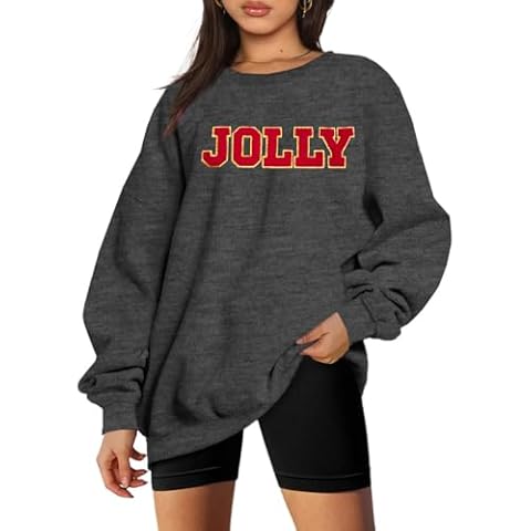KIDDAD Christmas Sweatshirts Women Glitter Patch Jolly Graphic Sweatshirt Oversized Xmas Vacation Long Sleeve Pullover Tops Dark Grey Cover
