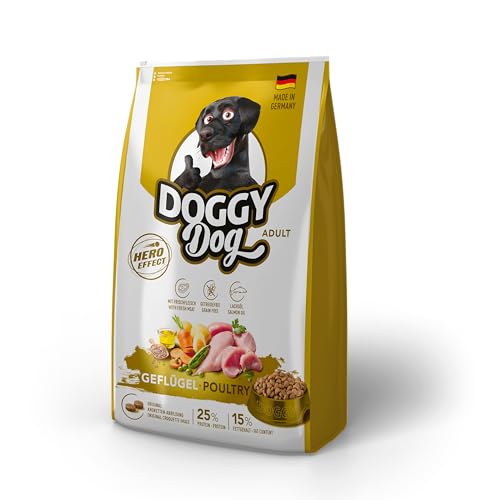 DOGGY Dog Geflügel Adult, 10 kg, Trockenfutter mit hohem Fleischanteil für ausgewachsene Hunde, getreidefreies Hundefutter mit Lachsöl, Made in Germany